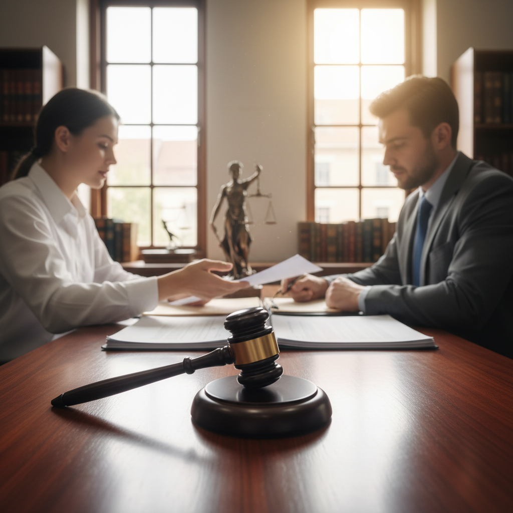 Bail bond agent reviewing paperwork with a client beside a gavel