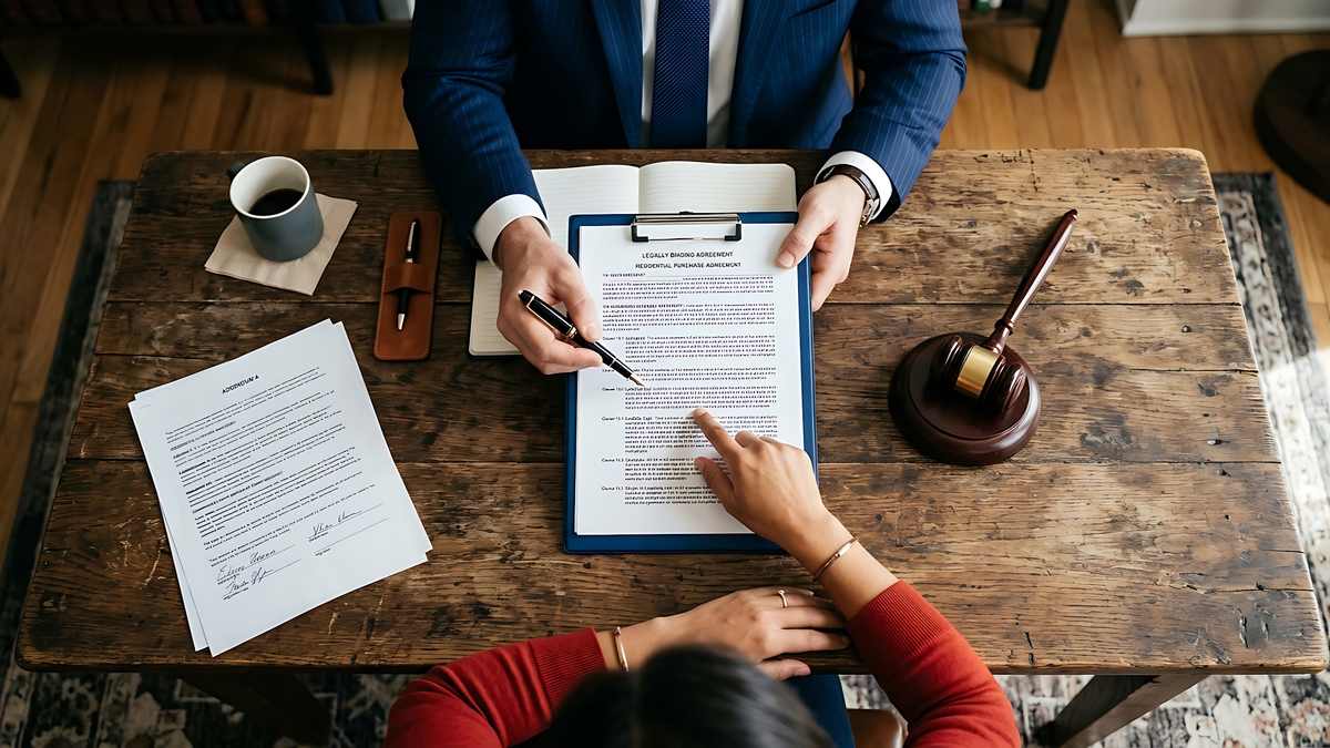 Bail agent and client reviewing a legal contract at a desk